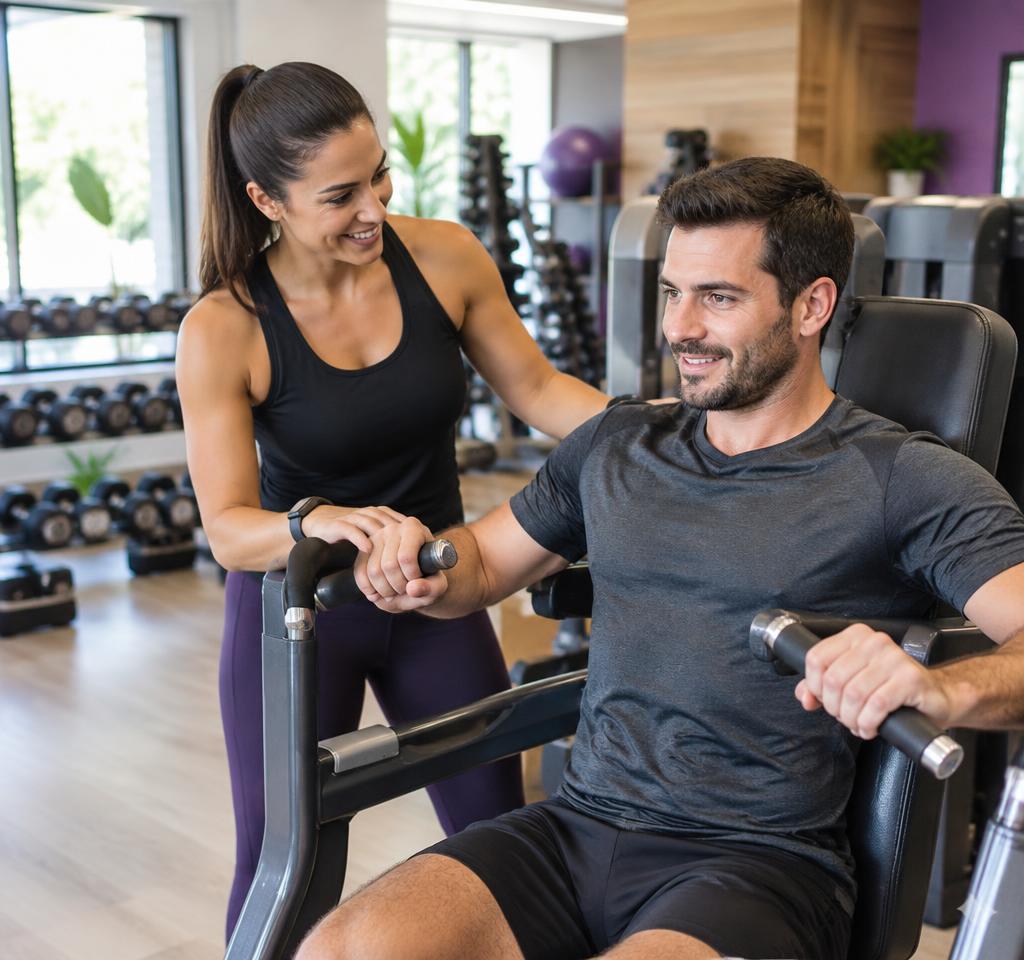Profissional orientando aluno na estrutura de musculação da Home Fit